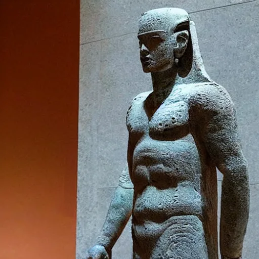 Image similar to futuristic ancient astronaut arrived through a portal, ancient statue in museum