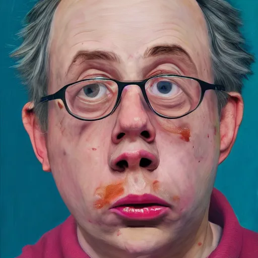 Prompt: high quality high detail painting of todd solondz portrait, sad, showing strong repulsion, pain, no fun ; full of sorrow, by lucian freud and francis bacon, hd, photorealistic lighting