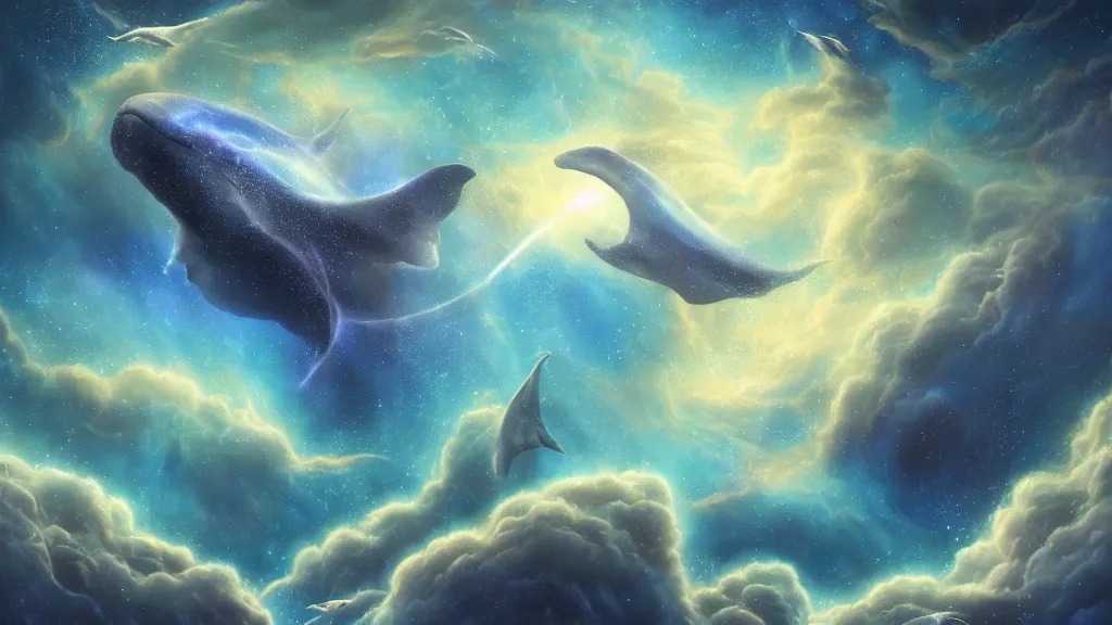 Prompt: Ethereal blue fire whale and dolphins flying through a nebula, star dust, cosmic, magical, shiny, glow,cosmos, galaxies, stars, outer space, stunning, by andreas rocha and john howe, and Martin Johnson Heade, featured on artstation, featured on behance, golden ratio, ultrawide angle, hyper detailed, photorealistic, epic composition, wide angle, f32, well composed, UE5, 8k