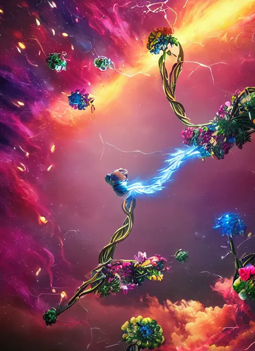 Image similar to An epic fantastic realism comic book style painting of the most beautiful entwined flowers launched across the galaxy, floating bouquets, fisheye, lightning creating life, unreal 5, DAZ, hyperrealistic, octane render, dynamic lighting