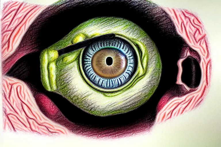Prompt: a pastel drawing of horrific depiction of eye surgery, eyes of a person.