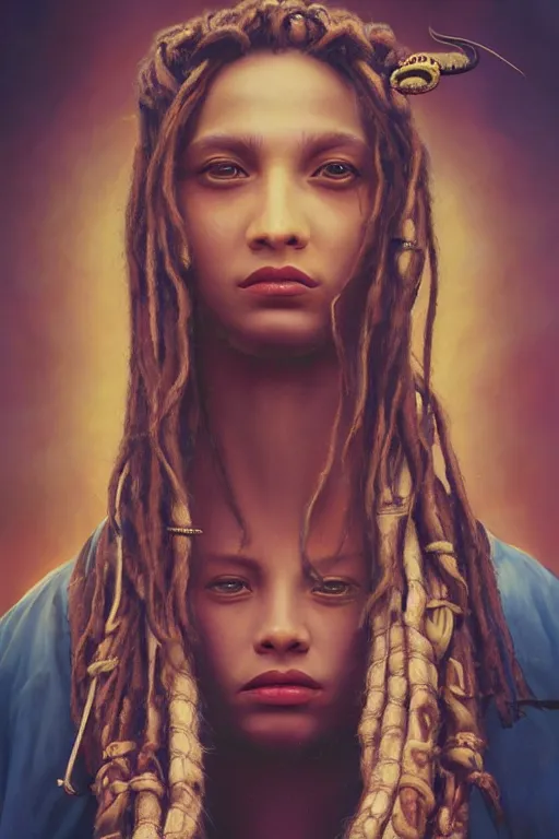 Image similar to portrait of an king queen with dreads snake hair, straight on portrait, by artgerm, tom bagshaw, gerald brom, vaporwave colors, lo fi colors, vaporwave, lo fi, 2 point studio lighting, dramatic lighting, 4 k, hd,