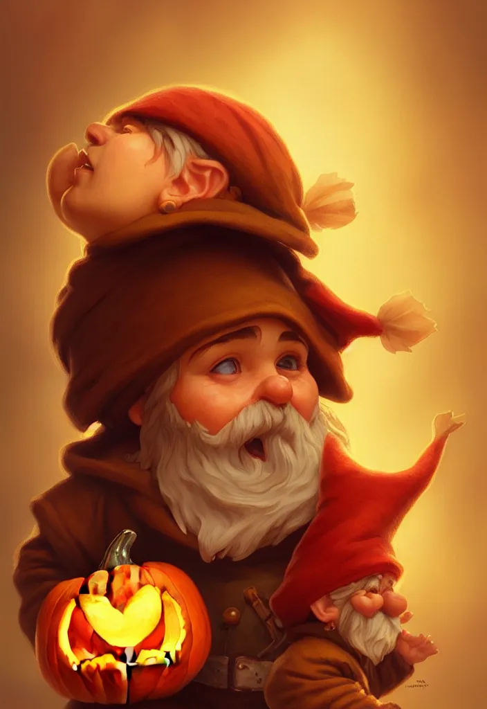 Image similar to hand drawn cute one gnomes face in autumn disguise holding pumpkin, detailed closeup face, concept art, low angle, high detail, warm lighting, volumetric, godrays, vivid, beautiful, trending on artstation, art by artgerm and greg rutkowski and alphonse mucha