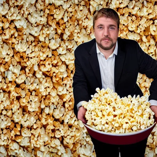 Prompt: a man buried under a mountain of popcorn, popcorn everywhere, taking over the world with an avalanche of popcorn