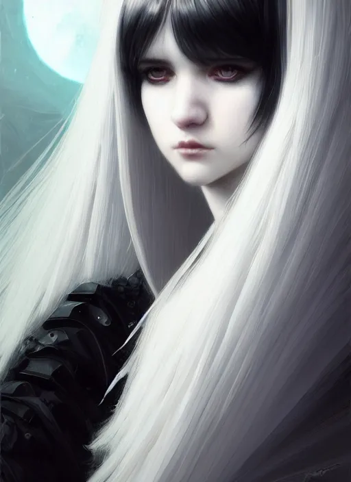 Image similar to portrait of white teenage girl, normal face, white bangs, mall goth, cyberlox, black and white hair, bangs, fluffy bangs, intricate, elegant, highly detailed, digital painting, artstation, concept art, sharp focus, smooth, illustration, art by wlop, mars ravelo and greg rutkowski