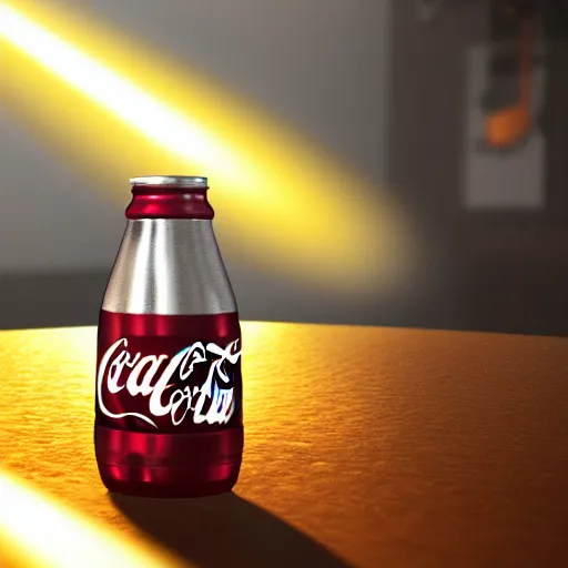 Image similar to coca - cola bottle in the center, droplets flow down the bottle, soft warm light, ultra - quality, super detail work, play of light, yellow light shining through, focus unreal engine 5,