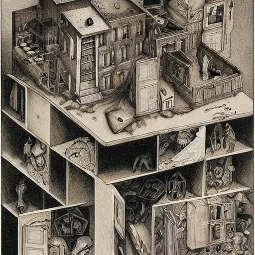 Image similar to box of ghosts| by Santiago Caruso and M.C. Escher and Joseph Cornell| very detailed| colorful beautiful eerie surreal psychedelic