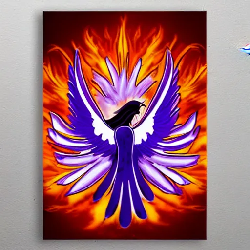 Prompt: white phoenix on flames orange purple background stylised poster art