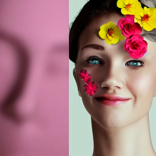 Image similar to female robot face with flowers instead of antennas