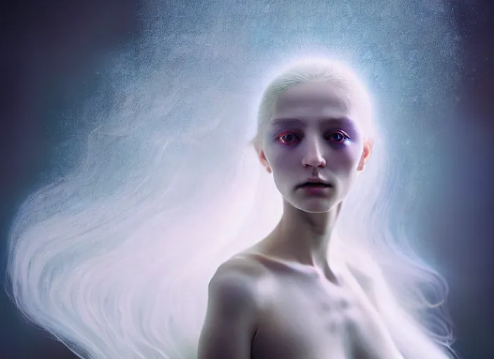 Prompt: cinestill 5 0 d photo of delicate, dreamy, feminine, subsurface scattering, white, young beautiful bio - mechanical cyborg in cosmos, long white hair floating in air, fluid smoke art, octane render, dino valls, mark ryden, joe fenton, michal karcz, opal lighting, very coherent, hyper realism, 8 k