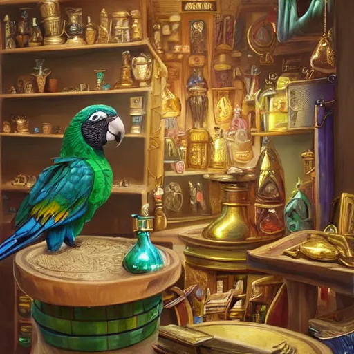 Image similar to Anthropomorphized parrot trader in his shop, selling his wares, portrait, items, gold, magic potions, carpet, window, sly expression , cunning expression, cute expression, long thick shiny black beak, presenting wares, holding a gold bag, D&D, fantasy, cinematic lighting, highly detailed, digital painting, artstation, concept art, smooth, sharp focus, illustration, warm light, cozy warm tint, magic the gathering artwork, volumetric lighting, 8k, art by Akihiko Yoshida, Greg Rutkowski