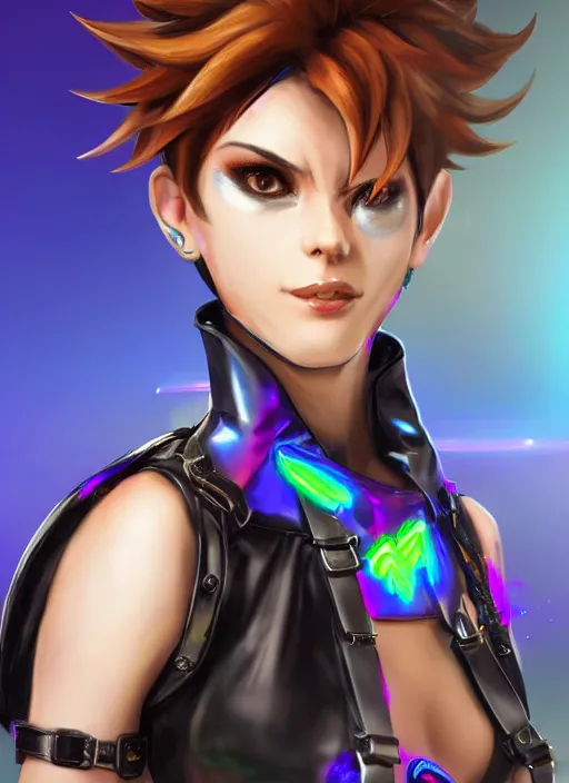 Image similar to portrait bust digital artwork of tracer overwatch, wearing black iridescent rainbow latex tank top, 4 k, expressive happy smug expression, makeup, in style of mark arian, angel wings, wearing detailed black leather collar, chains, black leather harness, detailed face and eyes,