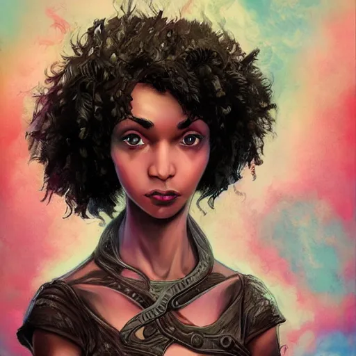 Prompt: happy birthday beautiful worrier girl, cover of a magnificent fantasy book by Neil Gaiman, highly detailed portrait of a beautiful black hair girl, trending on artstation