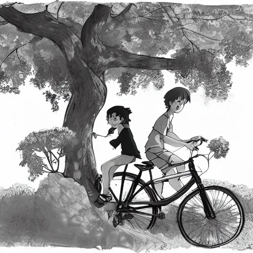 Prompt: two kids sitting in a tree branch, a bicicle near the tree, ghibli style