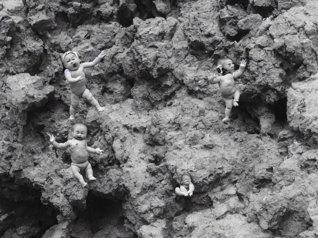 Prompt: a baby diving off a cliff, applauding onlookers