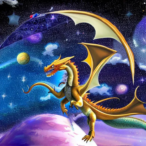 Prompt: Kayla riding a dragon through space