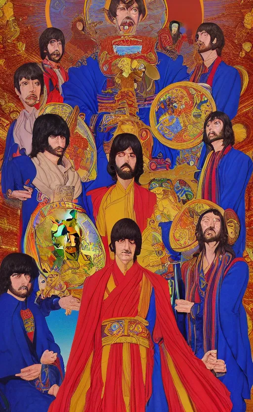 Image similar to a breath - taking jean giraud work of art of the beatles in the style of a renaissance masters portrait, mystical and new age symbolism and tibetan book of the dead imagery, intricately detailed, 4 k