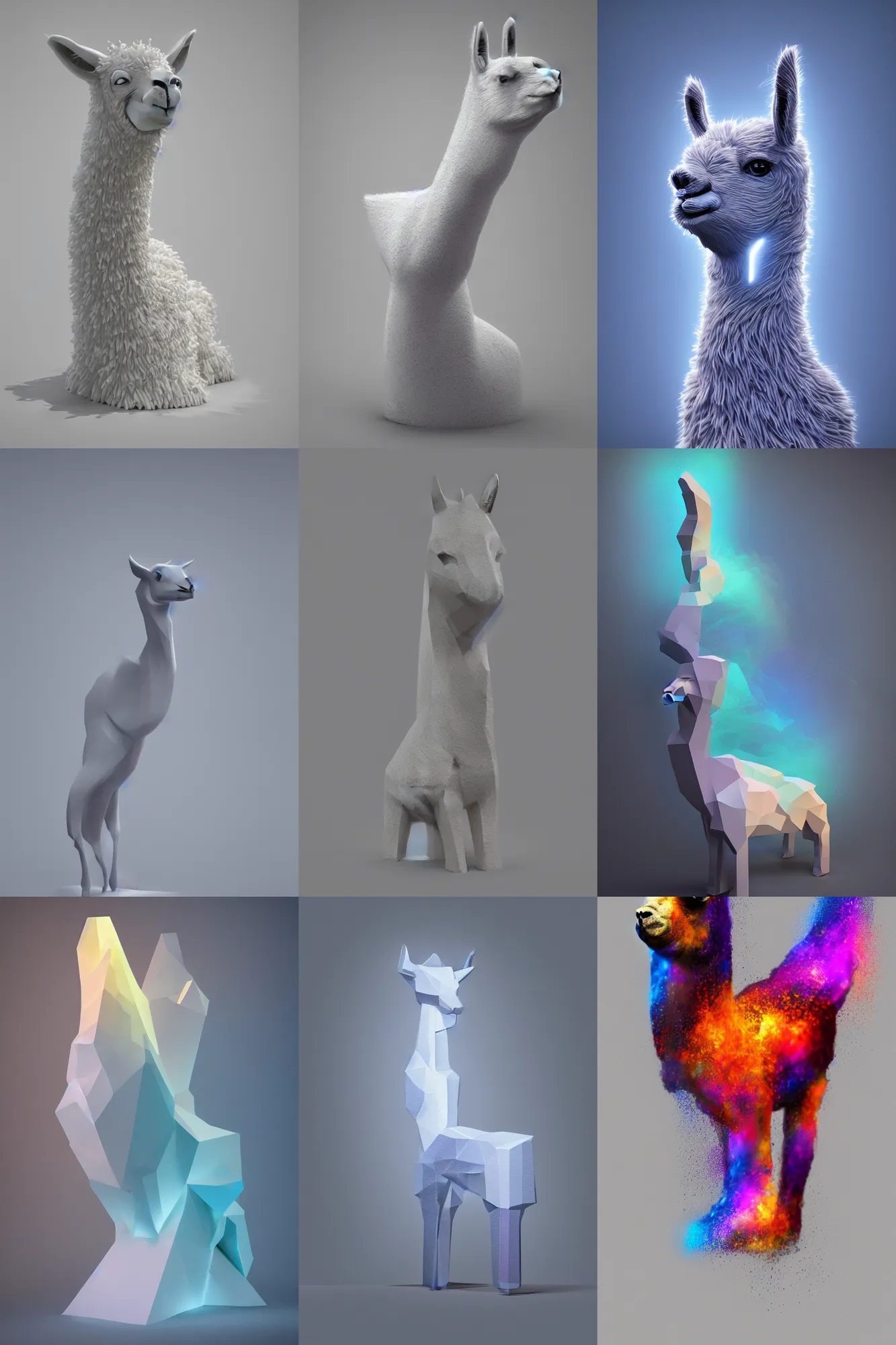 Prompt: vivid 3D animated designscapes with bursts of radiant particles–building an ethereal minimal space sculpture of a llama, professional concept art, trending on artstation, geometric