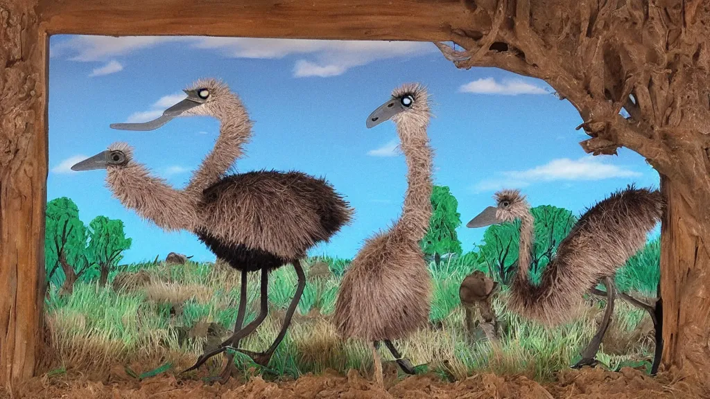 Image similar to fingerpainting stylistic emu diorama