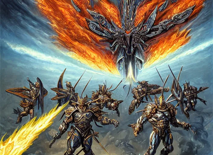 Image similar to dynamic futuristic bibilical depiction battle scene of aggressive winged silver warriors with fire crowns against final boss, d & d, muscular! crossfit, fitness, tight wrinkled cloath, vivid color scheme, atmospheric perspective, fantasy, intricate, elegant, highly detailed, digital painting, smooth, sharp focus, art by ed emshwiller and jesper ejsing