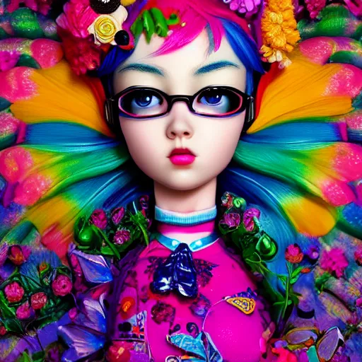 Prompt: Vibrant, cheerful stunning maximalist bio flowerpunk girl from the rainbow sky paradise, high-tech, detailed by Mark Ryden and artgerm and Hiroyuki-Mitsume Takahashi, 35mm macro shot, hyperrealism, 8k resolution 3D