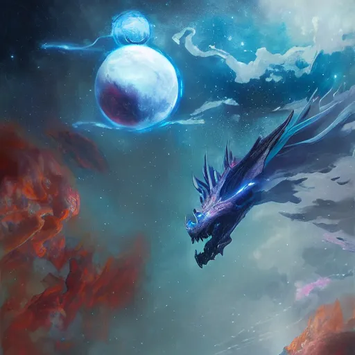 Prompt: prompt crystalline blue scales, dragon in space, biting a planet, sun system, nebula, oil painting, by Fernanda Suarez and and Edgar Maxence and greg rutkowski