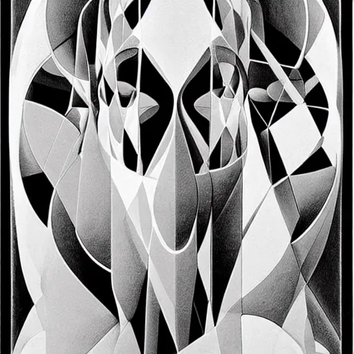 Prompt: white lithography print polish poster conceptual figurative post - morden monumental portrait made by escher, highly conceptual figurative art, intricate detailed illustration, controversial poster art, polish poster art, geometrical drawings