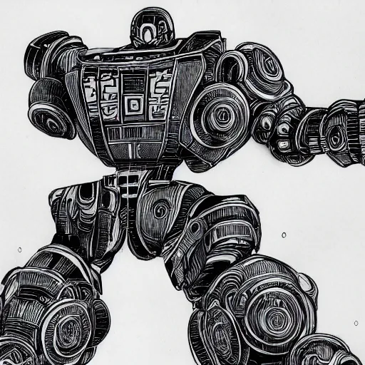 Prompt: an intricate ballpoint drawing of a giant anime robot with rounded and cicular parts