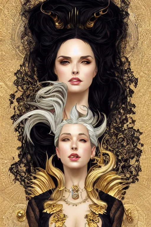 Image similar to fullbody!! of a beautiful woman with white hair, big natural horns on her head, long flowing intricate black lace dress, gold jewellery, dnd, face, fantasy, intricate, elegant, highly detailed, digital painting, artstation, concept art, smooth, sharp focus, illustration, art by artgerm and greg rutkowski and alphonse mucha