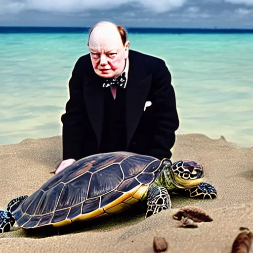 Image similar to An astonished Winston Churchill discovers the first turtle ever in Galapagos, national geographic, XF IQ4, f/1.4, ISO 200, 1/160s, 8K, RAW, unedited