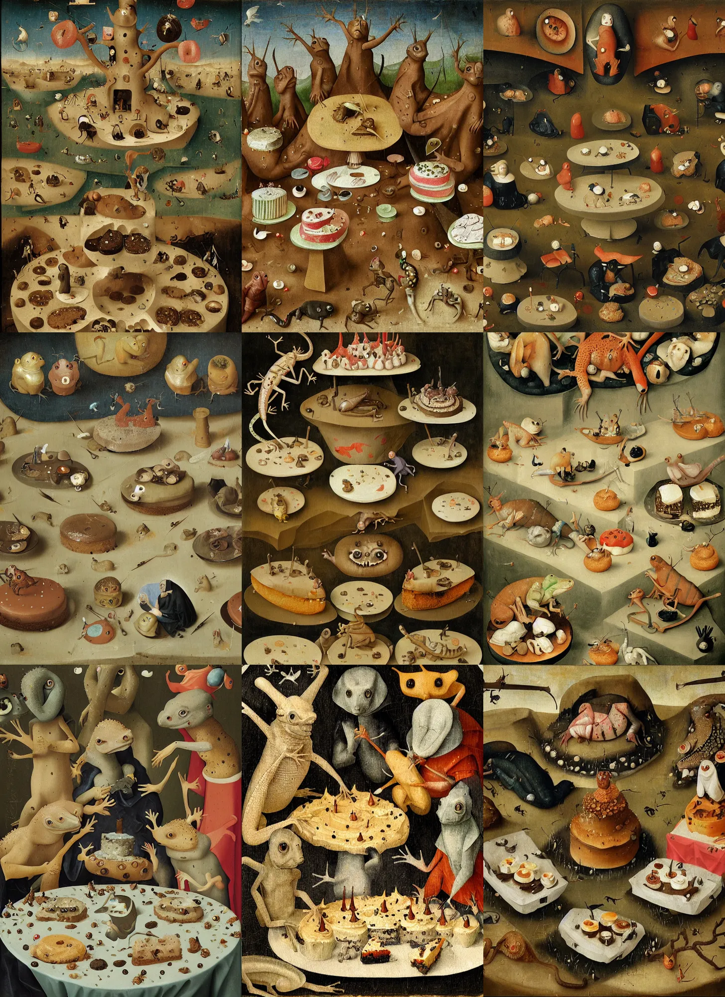 Prompt: a bunch of geckos eating cakes painted by hieronymous bosch, detailed digital art, trending on Artstation