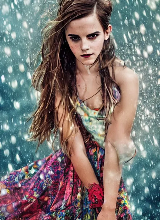 Image similar to Emma Watson for Victorian Secret, perfect face, hot summertime hippie in the rain, psychedelic dress, full length shot, XF IQ4, 150MP, 50mm, f/1.4, ISO 200, 1/160s, natural light, Adobe Photoshop, Adobe Lightroom, DxO Photolab, Corel PaintShop Pro, rule of thirds, symmetrical balance, depth layering, polarizing filter, Sense of Depth, AI enhanced