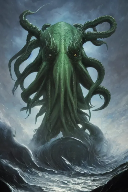 Image similar to cthulhu rising from the ocean with wings spread, digital art, magic the gathering, mtg, by greg rutkowski, trending on artstation