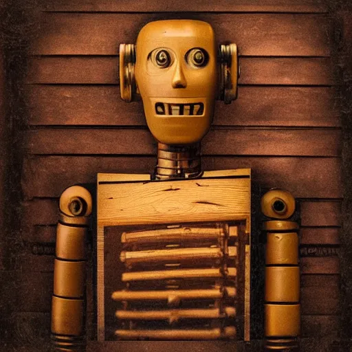 Image similar to humanoid robot in wood paneled room, underground room designed to look like log cabin, robot, tintype photograph