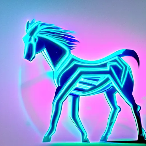Prompt: A synthwave horse inspired by Tron. Trending on Artstation. Digital screenshot. Faded film grain. 1980s Computer Graphics.