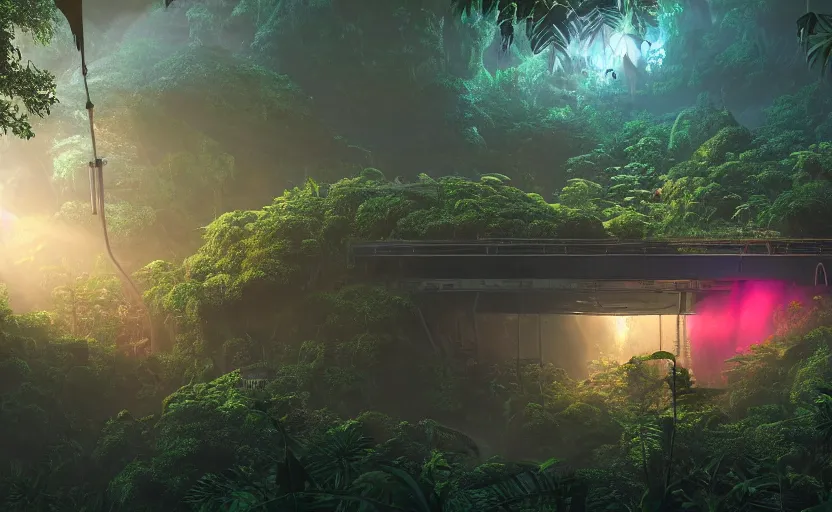 Image similar to a beautiful render of a sci - fi scientific industrial facility localized in a jungle cave, lush flora, patches of yellowish - red - magenta sky, sunset lighting, detailed, hazy, humid, volumetric lighting, god rays, 8 k, photorealistic, raytracing effects, rtx on