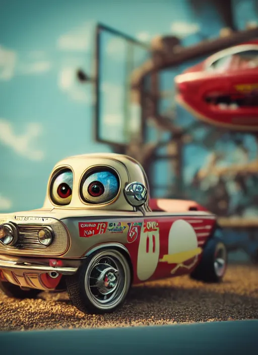 Image similar to highly detailed closeup portrait of a cute tin toy retro racing car, nicoletta ceccoli, mark ryden, lostfish, earl nore, hyung tae, frank frazetta, global illumination, god rays, detailed and intricate environment