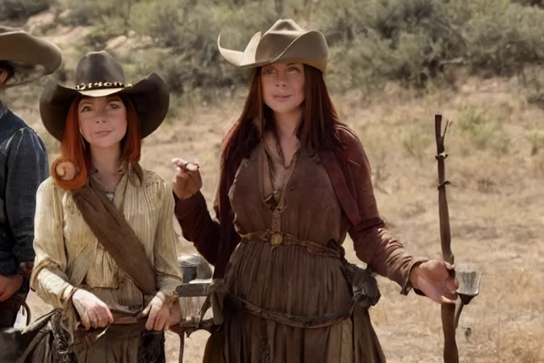 Prompt: screenshot from western movie, with young alyson hannigan