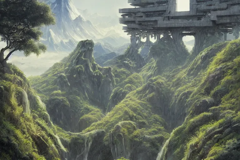 Prompt: Gleaming white Brutalist Shiro overlooking a valley, Himeji Rivendell overlooks the Garden of Eden, terraced orchards and ponds, lush fertile fecund, amazing concept painting, by Jessica Rossier by HR giger by Beksinski