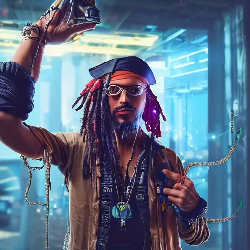 Image similar to high quality portrait of a pirate with four arms in a cyberpunk cyberpunk cyberpunk cafe, realism, 8k, award winning photo