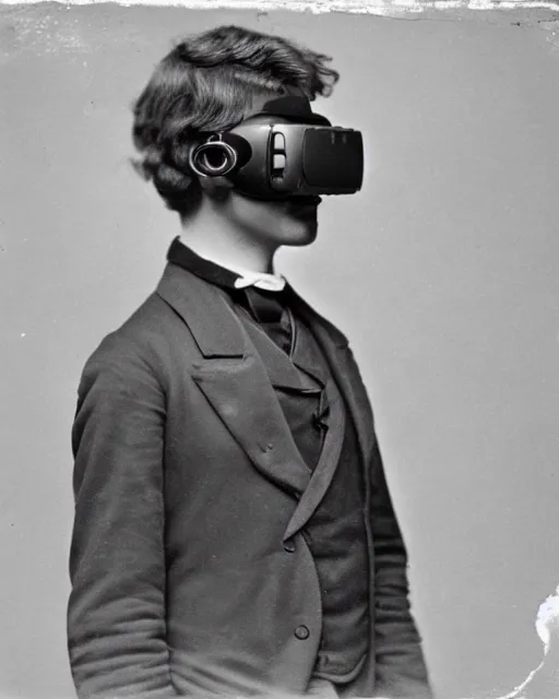 Image similar to 1 8 0 0 s photo of a person wearing a vr virtual reality headset