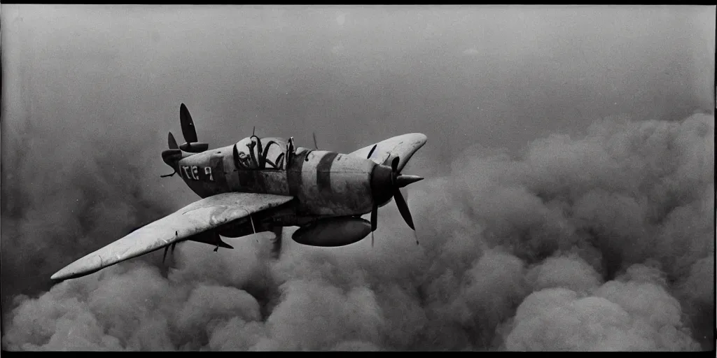 Prompt: detailed medium format photo, polaroid still from tarkovsky movie, british spitfire plane flying over a destroyed city, haze, high production value, intricate details, 8 k resolution, hyperrealistic, hdr, photorealistic, high definition, tehnicolor, award - winning photography, masterpiece, amazing colors