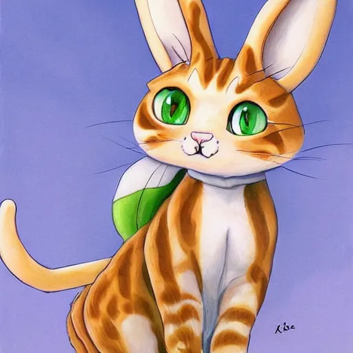 Image similar to realist detailed painting concept art of a cute beige cat with big green eyes, long floppy rabbit ears, and long tail, in the art style of nakanoart, ebbarie, kajenna