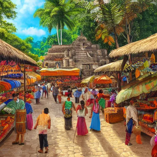 Image similar to enchanted painting of a bustling marketplace in a mayan city in the jungles of honduras, realistic, panoramic, 4 k