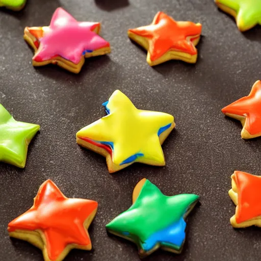 Image similar to close view of a 5 pointed star shaped m & m cookie, warm dim light