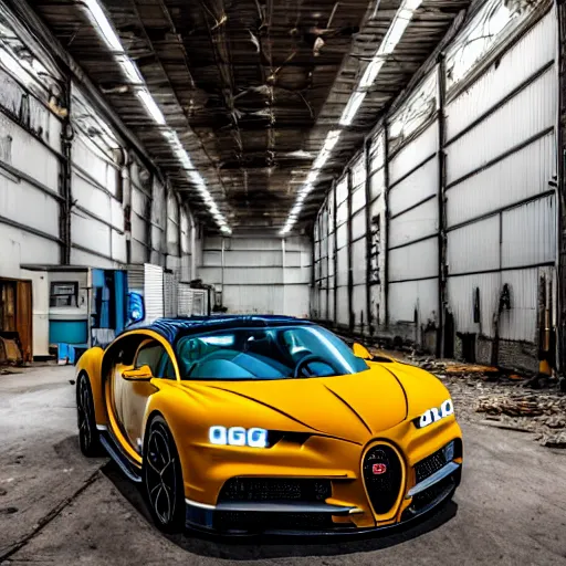 Image similar to an abandoned, derelict, ( really rusty ) bugatti chiron in a dirty warehouse