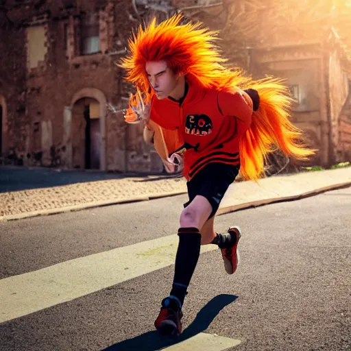 Image similar to orange - haired anime boy, 1 7 - year - old anime boy with wild spiky hair, wearing red jacket, running through italian town, yellow sunshine, sepia sun, strong lighting, vivid lighting, ultra - realistic, sharp details, subsurface scattering, intricate details, hd anime, 2 0 1 9 anime