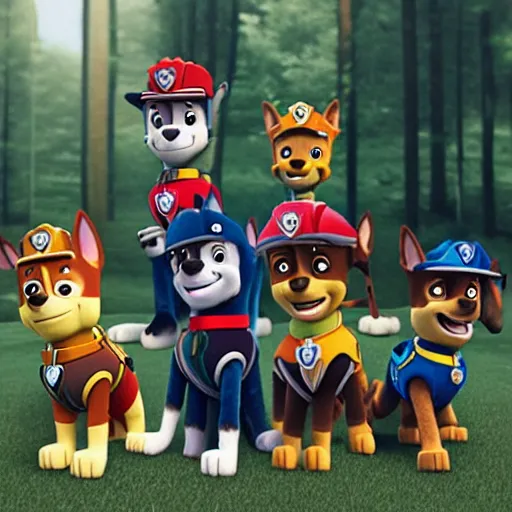 Image similar to paw patrol as real life human characters, furry, photorealistic, cinematic, 3 5 mm