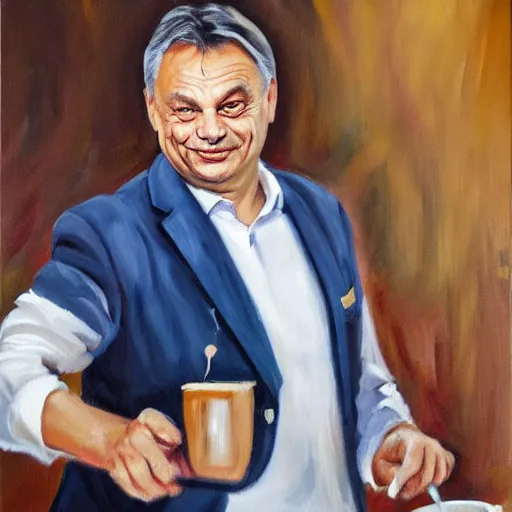 Prompt: viktor orban making specialty coffee, oil painting