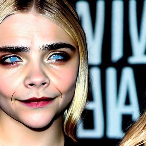 Prompt: Chloë Grace Moretz face with Cara Delevingne's eyebrows, film photography,